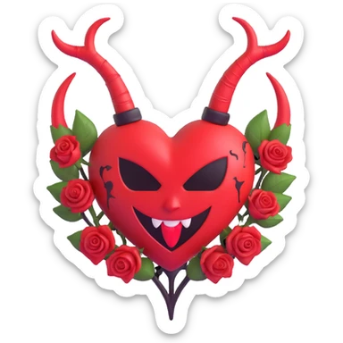 3D emoji devil heart, amethyst glass, small devil horns, forked tail, black roses at the base, crescent moon in background, stardust, stormy rain, fractured glass, blood splatter effect sticker