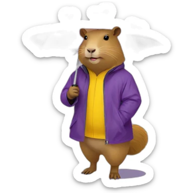 Capybara wearing yellow rain jacket holding a purple umbrella sticker