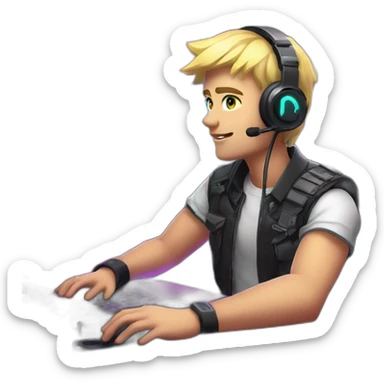 Blonde short hair Gamer guy with mic on mic arm sitting at desk with neon lights in gaming room environment sticker