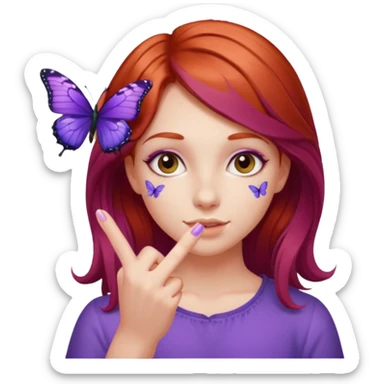 red haired girl finger holding purple butterfly sticker