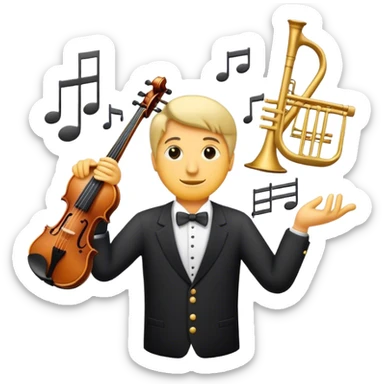 asian Create a sophisticated and elegant emoji that represents orchestration and arrangement. The design should feature a conductor’s baton, musical notes, and a symphonic score, symbolizing the process of arranging and orchestrating music. Incorporate instruments like a violin, trumpet,  sticker
