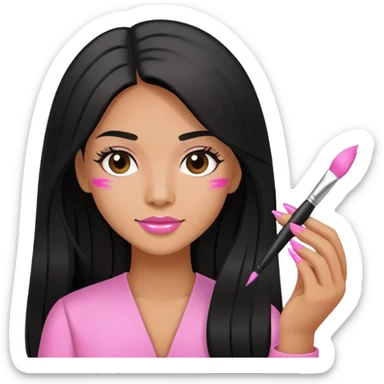 Pink Nail Tech with black long hair holding small acrylic brush sticker