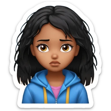 generate a pretty bratz brown skinned girl with messy black hair looking out of the rainy window, looking very sad sticker