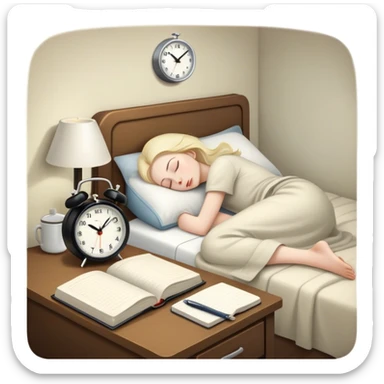 A dimly lit bedroom with a person sleeping. On a nightstand, there's  there’s a small alarm clock and a closed journal. In the background, a clean and tidy kitchen is visible, symbolizing a fresh start for the morning. preparation. sticker