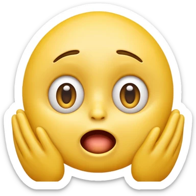 A 3D glossy yellow emoji face with a horrified expression, only large wide-open eyes, wide-open mouth, raised eyebrows, no nose, hands against its cheeks, vector style, black background, high quality, soft studio lighting sticker