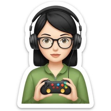 
gamer, woman shiny black hair no eyebrows with glasses, headphone, gamepad sticker