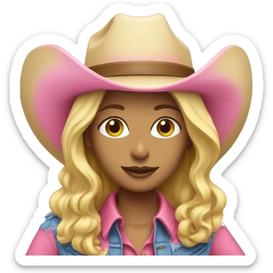 blonde lady with blue background and pink cowboy hat sticker