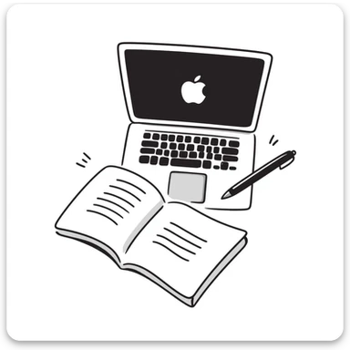 top view of a MacBook and a notebook with a pen nearby, notebook with visible notes sticker