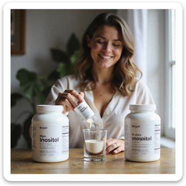 realistic smiling woman in a home environment, customizing the use of Myo-Inositol and D-chiro-Inositol: two distinct packages with visible labels, dosing or mixing powders in a glass, positive atmosphere, natural light sticker
