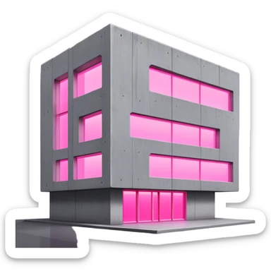 Minimalist Russian-style gray concrete panel building with one window glowing bright pink from grow lights inside, simple rectangular structure with brutalist architecture sticker