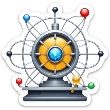 An icon featuring a large particle collider, atom symbols, and energy waves, symbolizing the field of physics. The design includes a lab setup with scientific equipment, representing experiments and fundamental forces of nature. Transparent background highlights the exploration of matter and energy. sticker