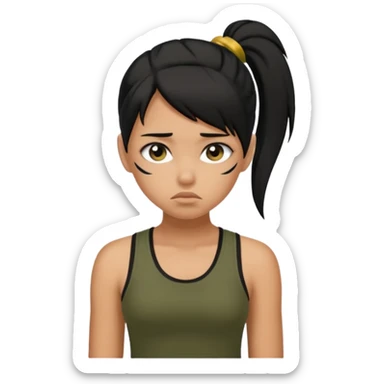 a tan girl with a black ponytail, black tank top, . Looking sad sticker