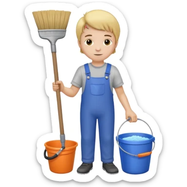 Boy in cleaning clothes, holding a broom and a bucket sticker