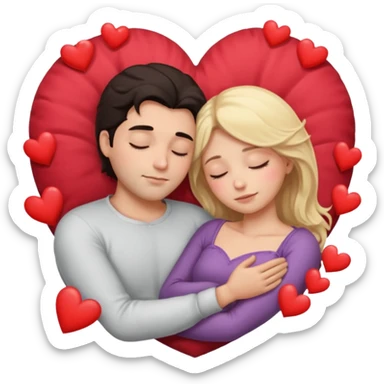 Sleeping romance couple. man has dark hair. woman is blonde. hearts around them. no third person. sticker