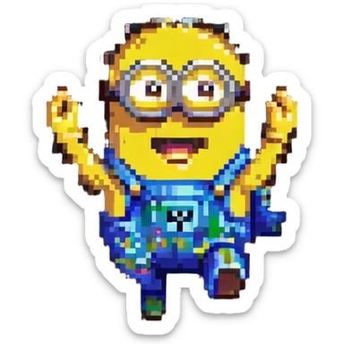 happy Minion pixel art character, jumping with joy, both arms up sticker