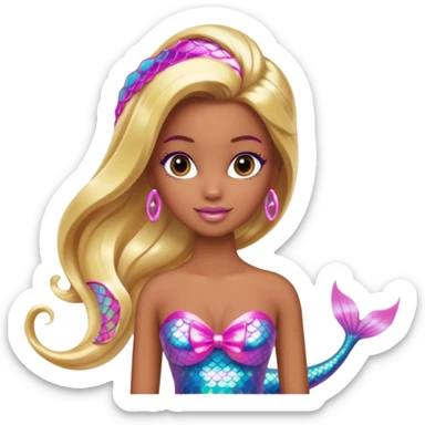 Brown skin blonde hair barbie mermaid with holographic tail and pink highlights in hair  sticker