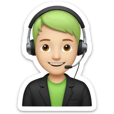 A modern flat emoji depicting a call center employee wearing a light green T-shirt and black jacket, with a headset, a friendly expression, a minimalist design, bright colors, and a white or transparent background. sticker