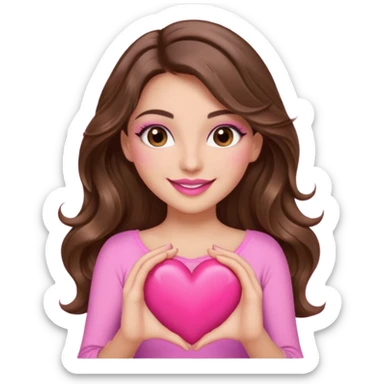 girl with long wavy brown hair, brown eyes, long lashes makeup, sexy pink lips, light to medium complexion, wearing a pink sexy top, smiling, holding a big heart with both hands sticker