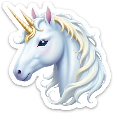 Beautiful and Majestic White Unicorn Portrait Emoji, Head and body exuding serene brilliance with a luminous, flowing mane and a gracefully spiraled horn, eyes gently closed in peaceful reverie, Simplified yet exquisitely enchanting features, highly detailed, glowing with a soft, celestial light, high shine, serene and utterly majestic, stylized with an air of timeless fantasy, soft glowing outline, capturing the essence of a beautiful and majestic white unicorn that embodies the pure magic of legend! sticker