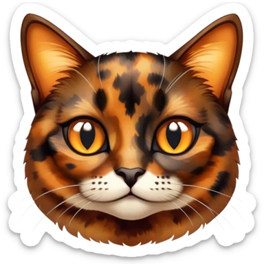 Cinematic Cute Tortoiseshell Cat Portrait Emoji, Head cocked sweetly with bright, curious eyes and a cuddly, mottled fur of rich browns and blacks, simplified yet charmingly adorable, highly detailed, glowing with a warm, gentle radiance, high shine, playful and endearing, styled with a dash of whimsical feline magic, soft glowing outline, capturing the essence of a cute tortoiseshell cat that seems ready to pounce with affectionate mischief! sticker