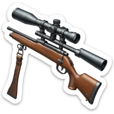 deer hunting bolt action rifle with a scope mounted to the top of the gun barrel and a sling attached properly to the underside of the gun sticker