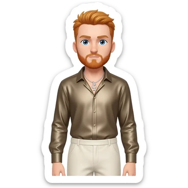 Himbo ASMR with blue eyes, reddish blonde hair and short beard, taupe metallic shirt, ivory metallic baggy pants, silver necklace sticker