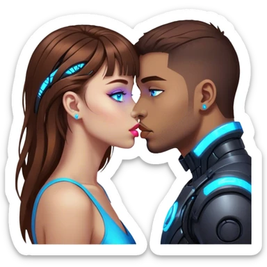 Neon cyberpunk style 
girl with brown hair and blue eyes kiss man sticker