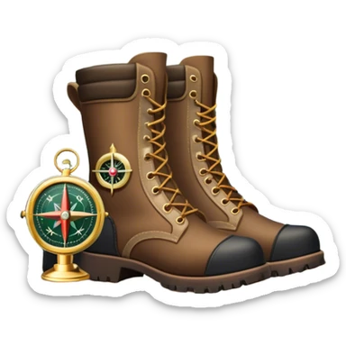 Icon for Hunting Tourism: a rifle, hunting boots and a compass on a forest background, with a silhouette of wildlife in the distance. The icon should capture the adventure and connection with nature in hunting tourism. Transparent background. sticker