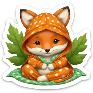 sleepy baby fox in pajama hat under leaf blanket sticker