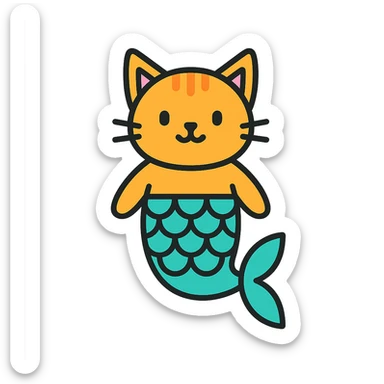 cat with fish scales and fins, fun colorful icon style sticker
