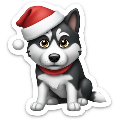 Black and white huskey wearing a Santa hat sticker
