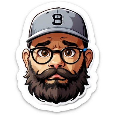 A man with a grey baseball cap, hazel eyes, big dark brown beard and glasses, big bubble begging puppy eyes sticker