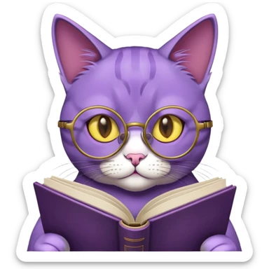 A purple cat reading a book. It has yellow eyes and is wearing round glasses. sticker