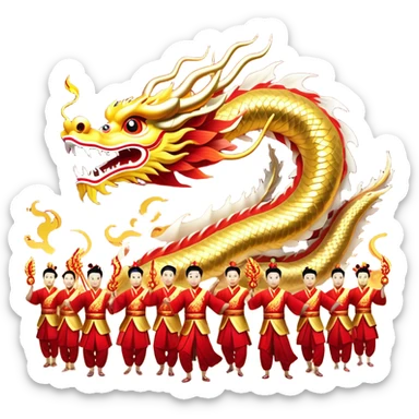 Cinematic Realistic scene of a Chinese Dragon Dance featuring performers energetically holding a vibrant dragon model aloft, with intricately detailed scales and dynamic flowing costumes, illuminated by festive red and gold lighting that captures the spirit of celebration. sticker
