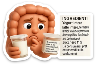 SU QUESTO STILE FAI UN EMOJI STILE IPHONE 3D DI UN INTESTINO CHE HA IN MANO UN BARATTOLO DI YOGURT CONFEZIONATO DA SUPERMERCATO E LEGGE L'ETICHETTA NUTRIZIONALE CON GLI INGREDIENTI IN ITALIANO, ACCANTO ALLO YOGURT CHE HA IN MANO C'è UN FOCUS SULL'ETICHETTA CON GLI INGREDIENTI SCRITTI, FAGLI UN ESPRESSIONE CONFUSA MENTRE LEGGE E FALLO MOLTO REALISTICO IN 3D sticker