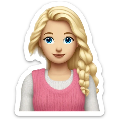 Blond girl sholders up with blue eyes and long eyelashes and a pink tank top on with a knit sweater that is white over her shirt and a bow in her hair sticker