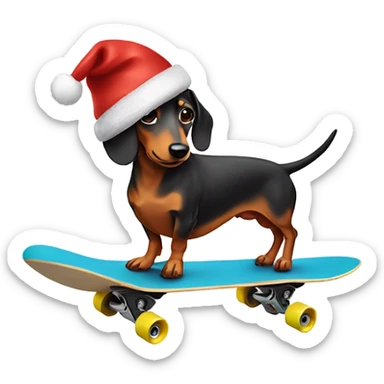 Sausage dog with a Christmas hat on riding a skate board sticker