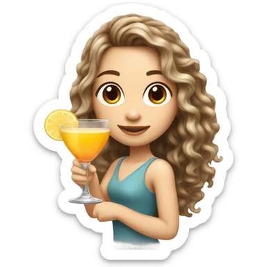 Beautiful girl with flowy Long curly brown hair with blonde highlights, white skin with a cocktail sticker