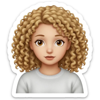 a dirty blonde girl with brown eyes and make her wearing a white sweater with curly hair and white skin color sticker