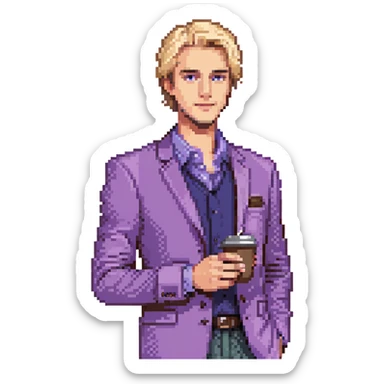 Confident male entrepreneur, Caucasian features, blonde hair, defined eyebrows, slight smile, wearing violet blazer over light violet shirt, holding a coffee cup in right hand, waist-up, front-facing sticker