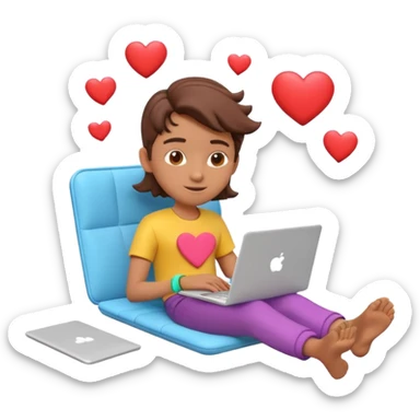 3D clay character relaxed with laptop and coffee, floating icons (hearts + dollars), colofrful modern outfit, white laptop, Pixar style, transparent background sticker
