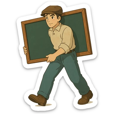ghibli style man carrying a chalkboard sticker