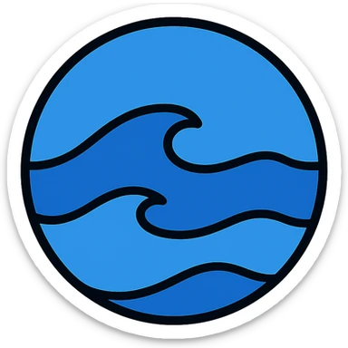 Make the ocean icon more distinct by showing a vast, open expanse of deep blue water with large rolling waves. No land visible. Keep the circular shape with a medium black border and no frame. White background. Color outline style. sticker