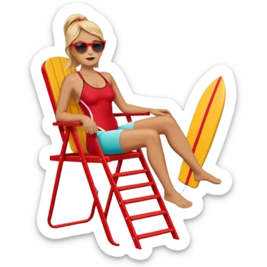 Female lifeguard – red swimsuit, sunglasses, sitting on tall lifeguard chair. sticker