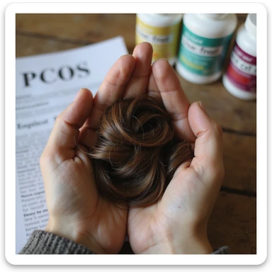 hyperrealistic 4K close-up of a hand holding a large clump of fallen hair, with hair supplement packaging and a report with 'PCOS' written on it in the background sticker