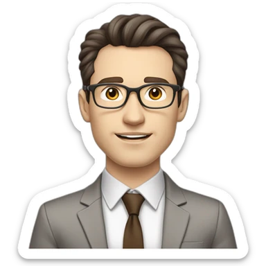 Pale skinned fit man with dark brown hair in gray jacket, beige office shirt, brown tie, brown pants and vintage glasses Writing on the marker board sticker