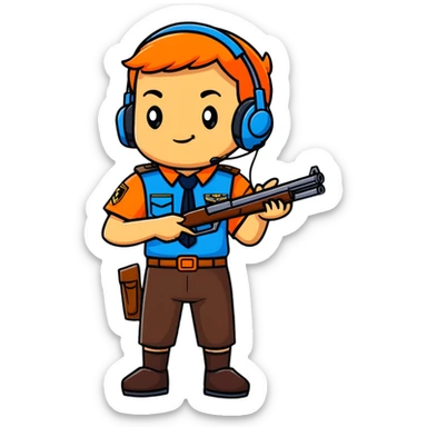 Team Fortress 2 Scout with blue uniform, headset, Boston accent, slim body, carrying scattergun, official character design sticker