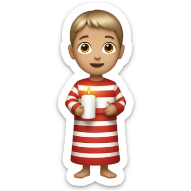 child holding a white candle, dressed in a long tunic with red and horizontal stripes sticker