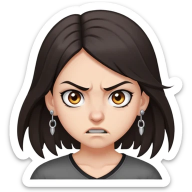 angry girl, dark brown shoulder-length hair, grey eyes, nose and ear piercings sticker