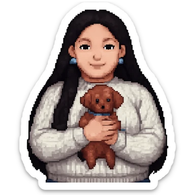 Make the woman's hair much darker and longer, reaching waist length, and increase her weight for a fuller figure, in pixel art style, with no background. sticker